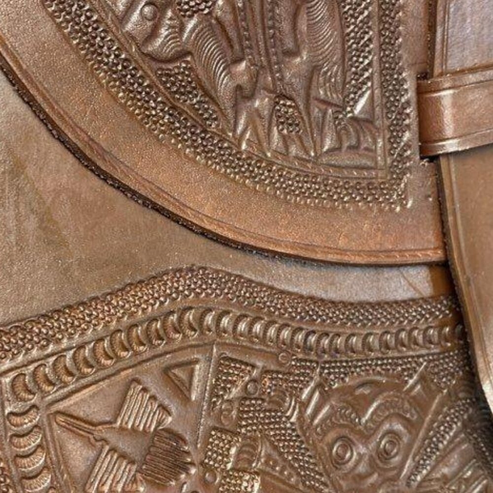 Handmade Peruvian Tooled Leather Shoulder Bag Mayan Design, Large Brown Unlined - Picture 7 of 7